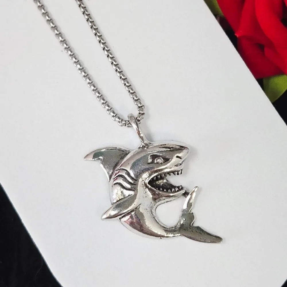 Silver Shark Pendant Necklace Stainless Steel Ocean Statement Box Chain Surfer
